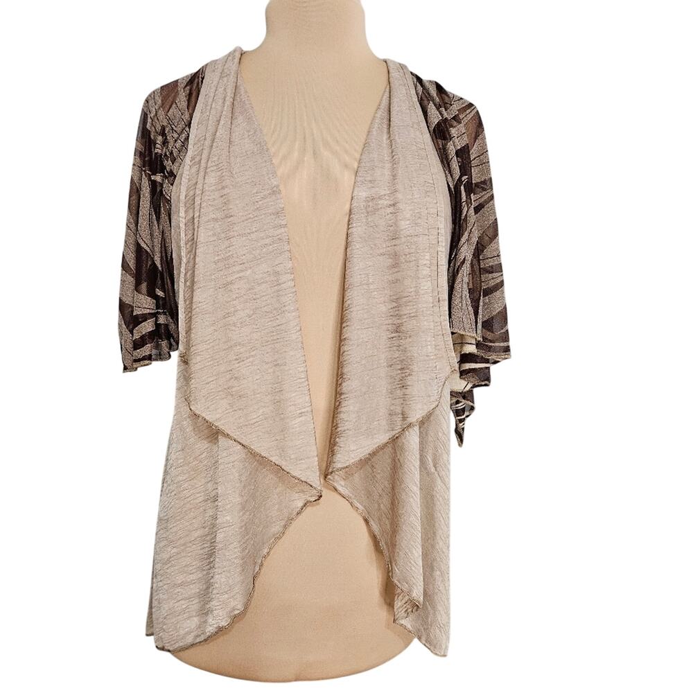 Pretty Angel Beige Brown Linen Animal Print Cardigan‎ Large Flutter Sleeve